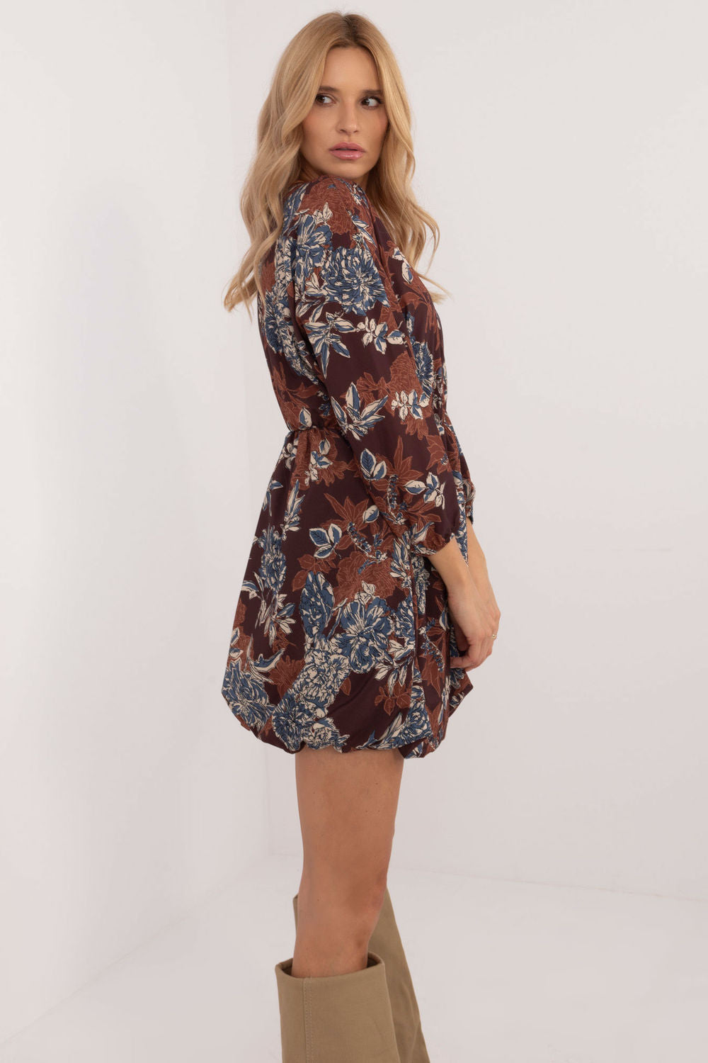 Italy Moda Brown Mini Floral Flared Dress - view 4