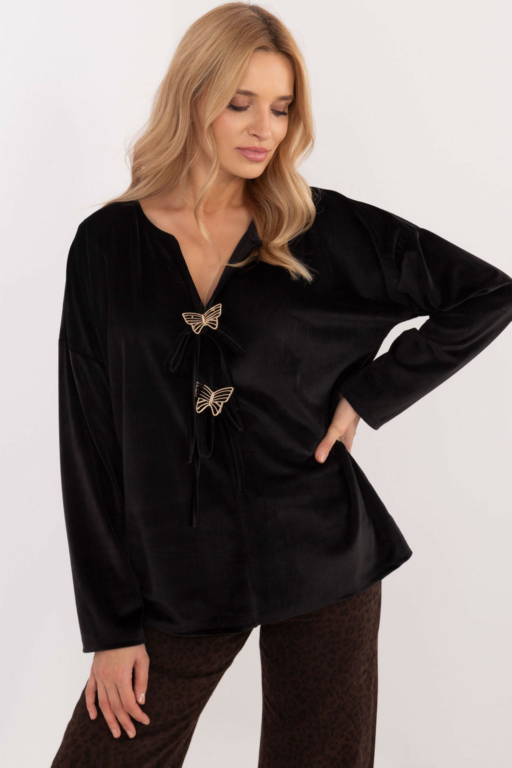 Italy Moda Black Velvet Long Sleeve Blouse