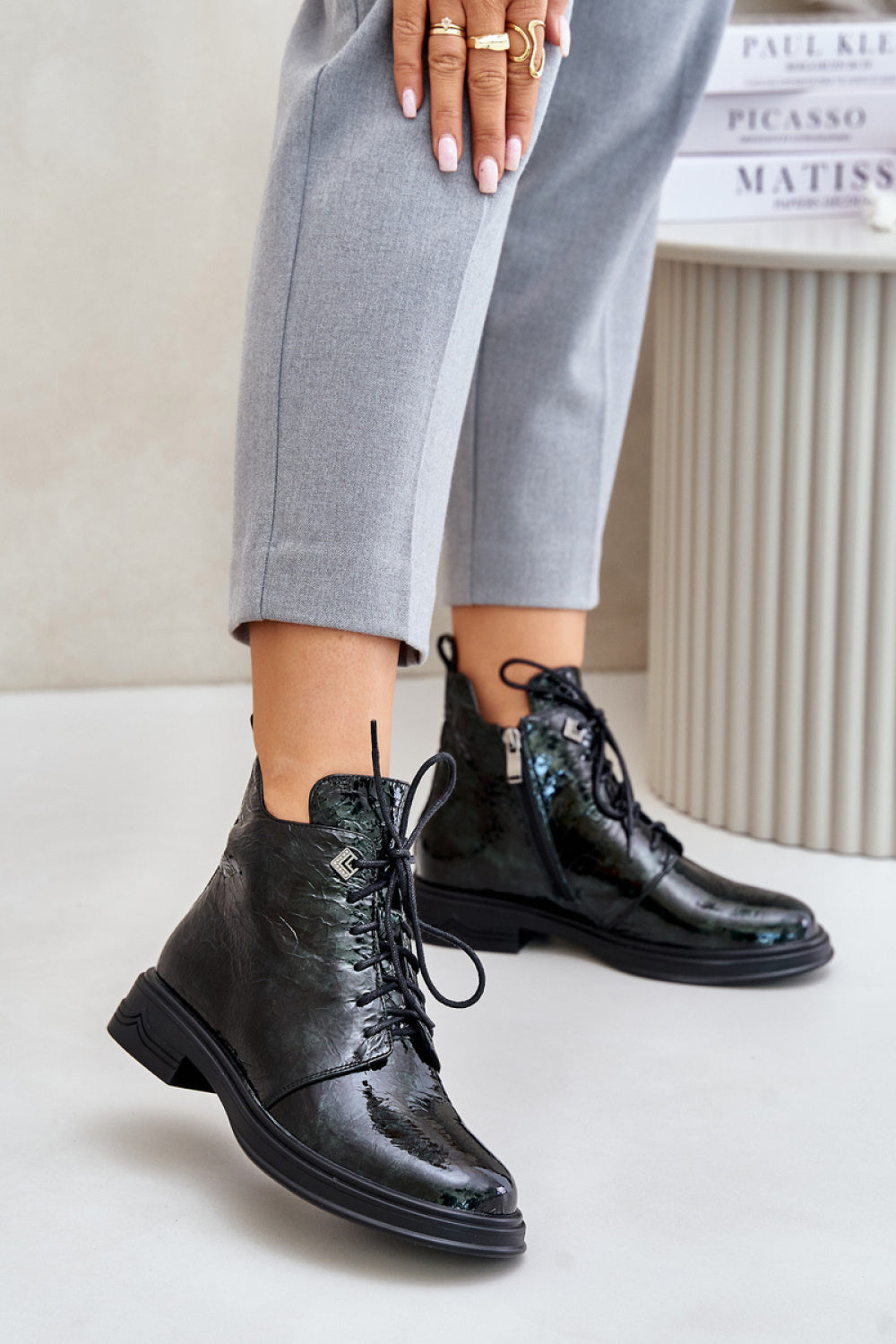 Step In Style Dark Green Patent Flat Boots