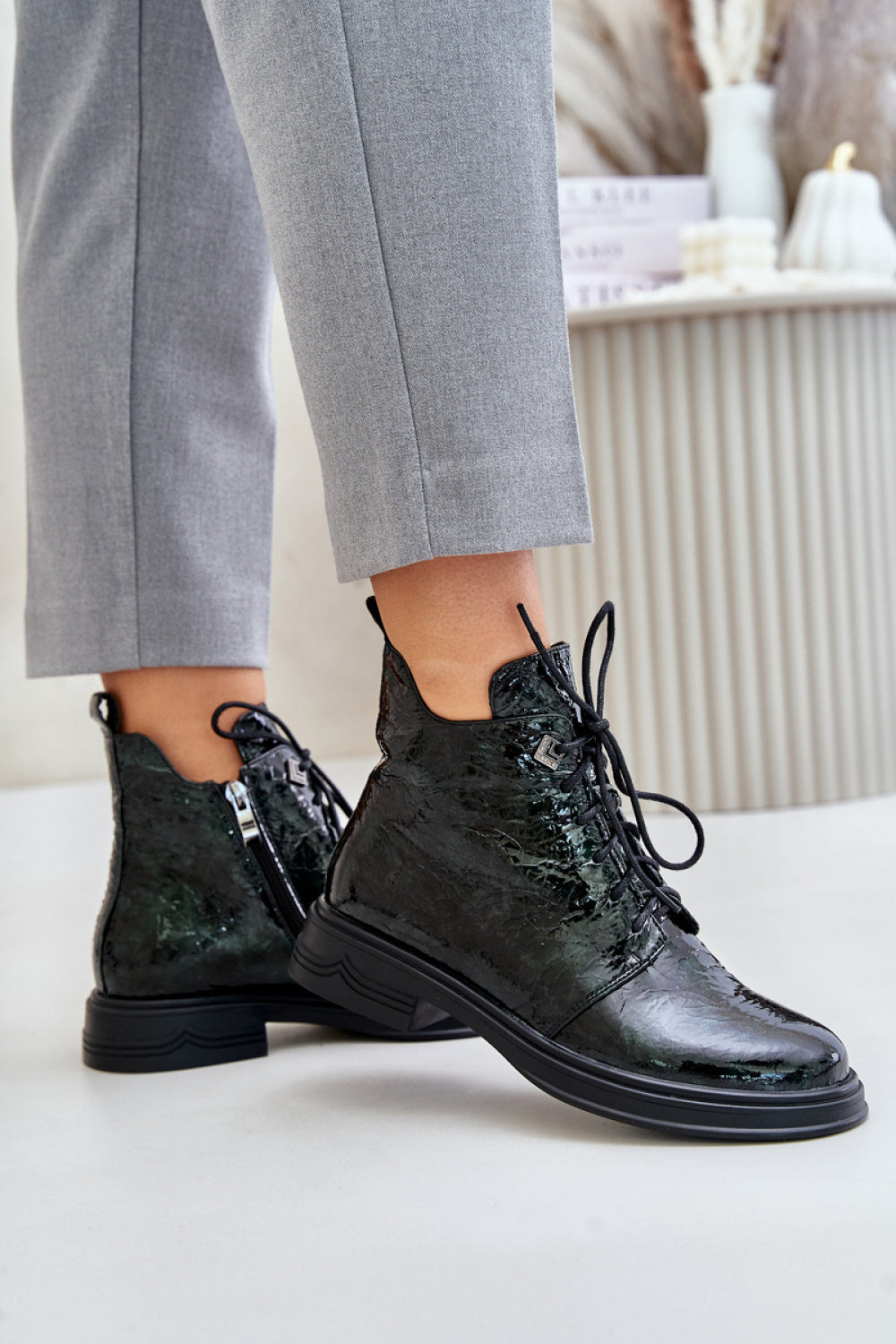 Step In Style Dark Green Patent Flat Boots - view 3