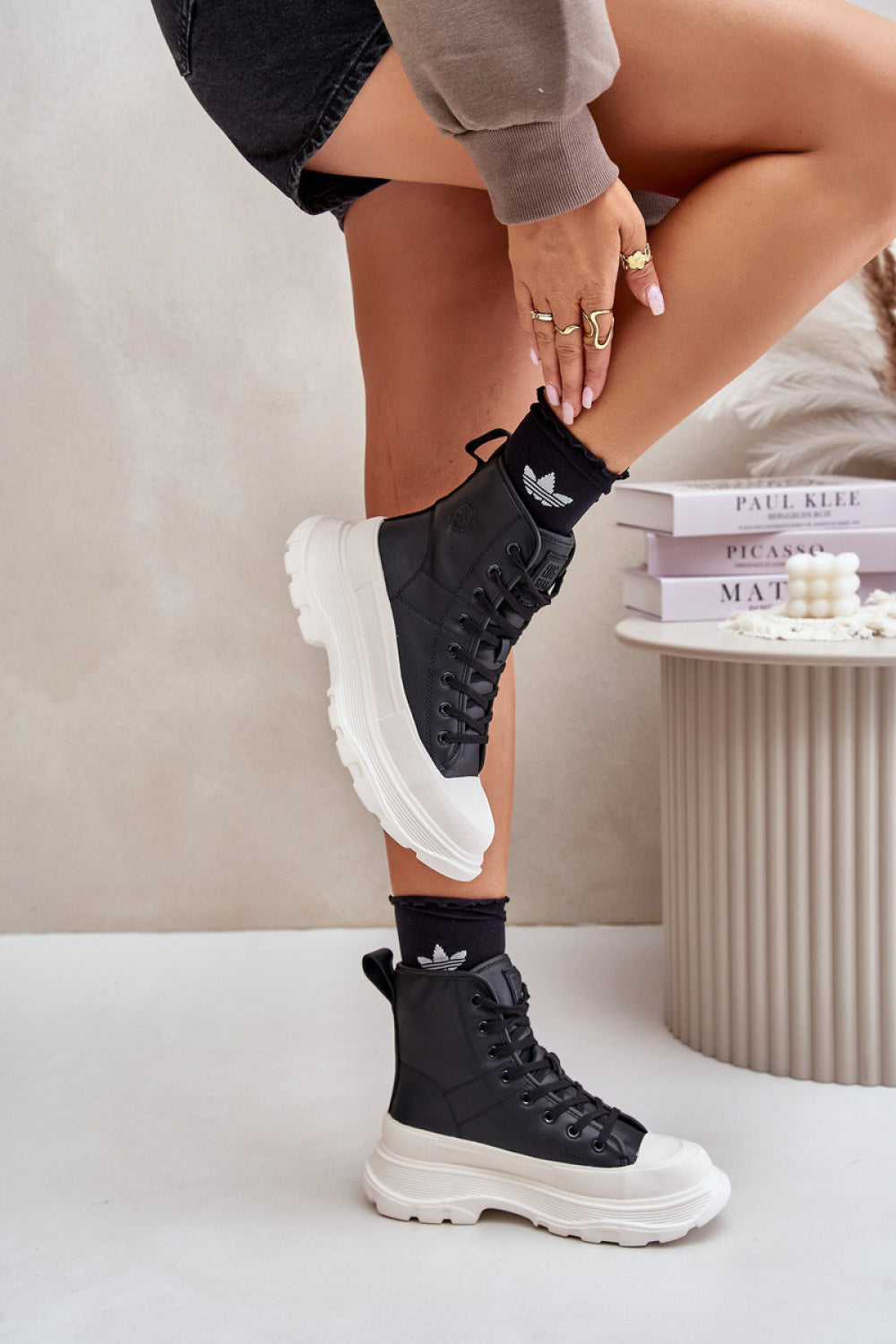 Step In Style Black Leather Platform Lace Up Warm Lined Trainers