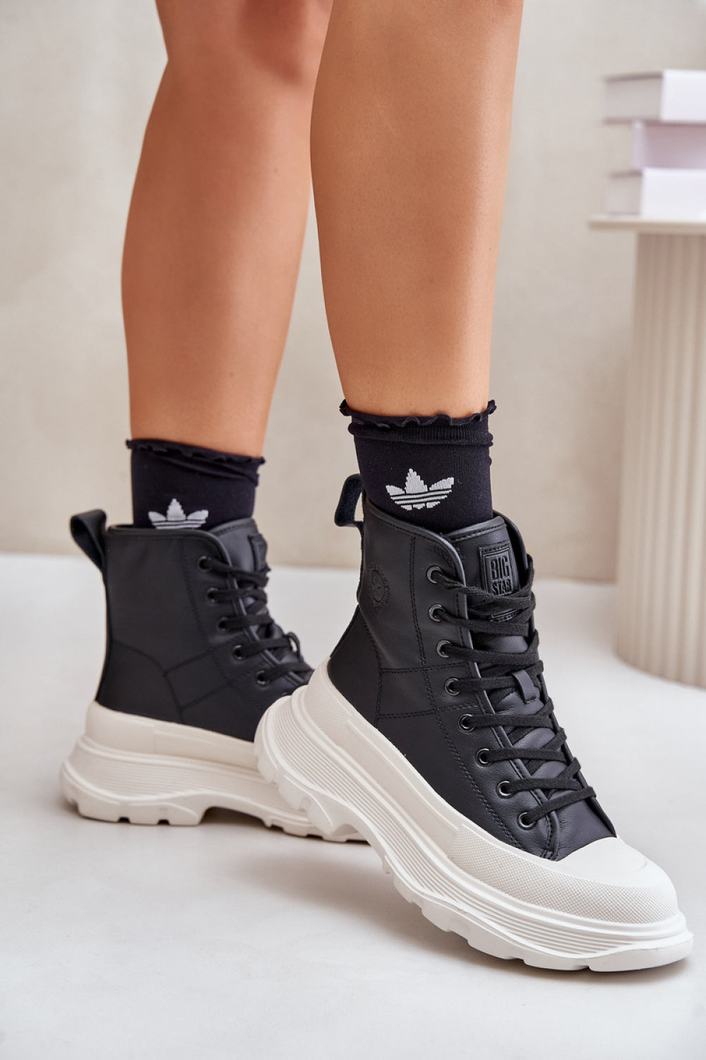 Step In Style Black Leather Platform Lace Up Warm Lined Trainers - view 3