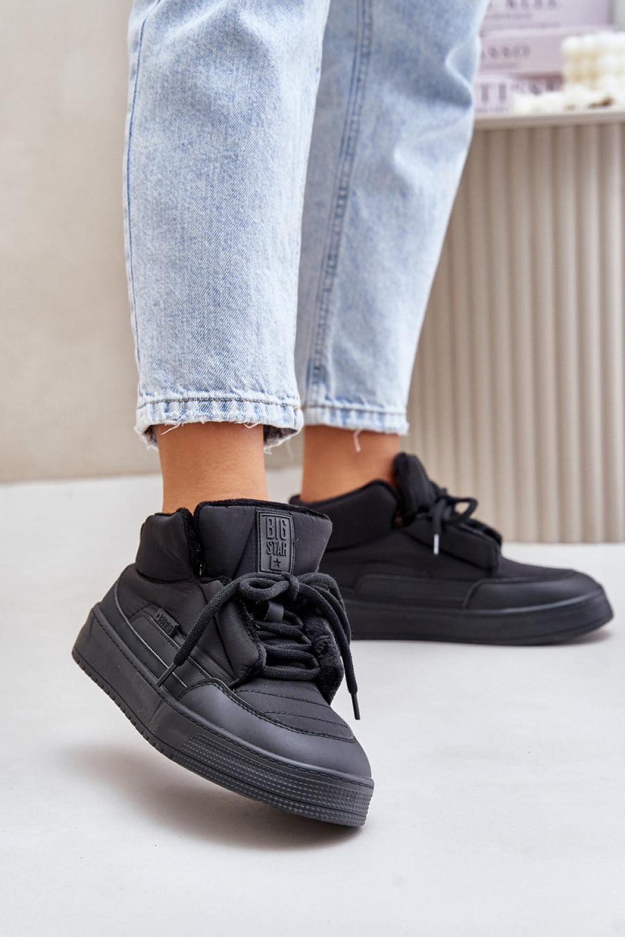 Step In Style Black Lace Up Warm Lined Trainers