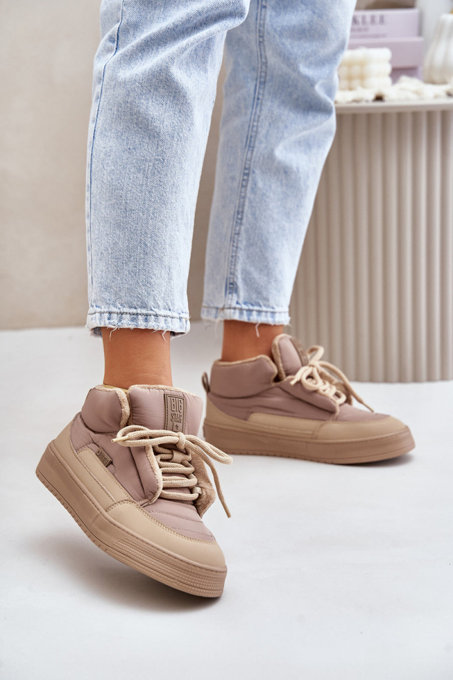 Step In Style Beige Lace Up Warm Lined Trainers