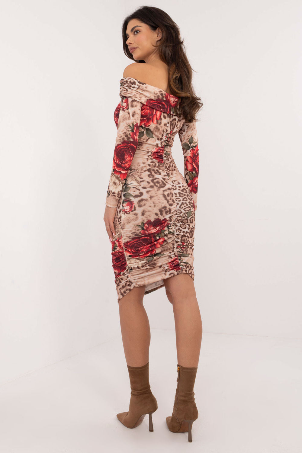 Italy Moda Beige Floral Off Shoulder Evening Dress - view 3