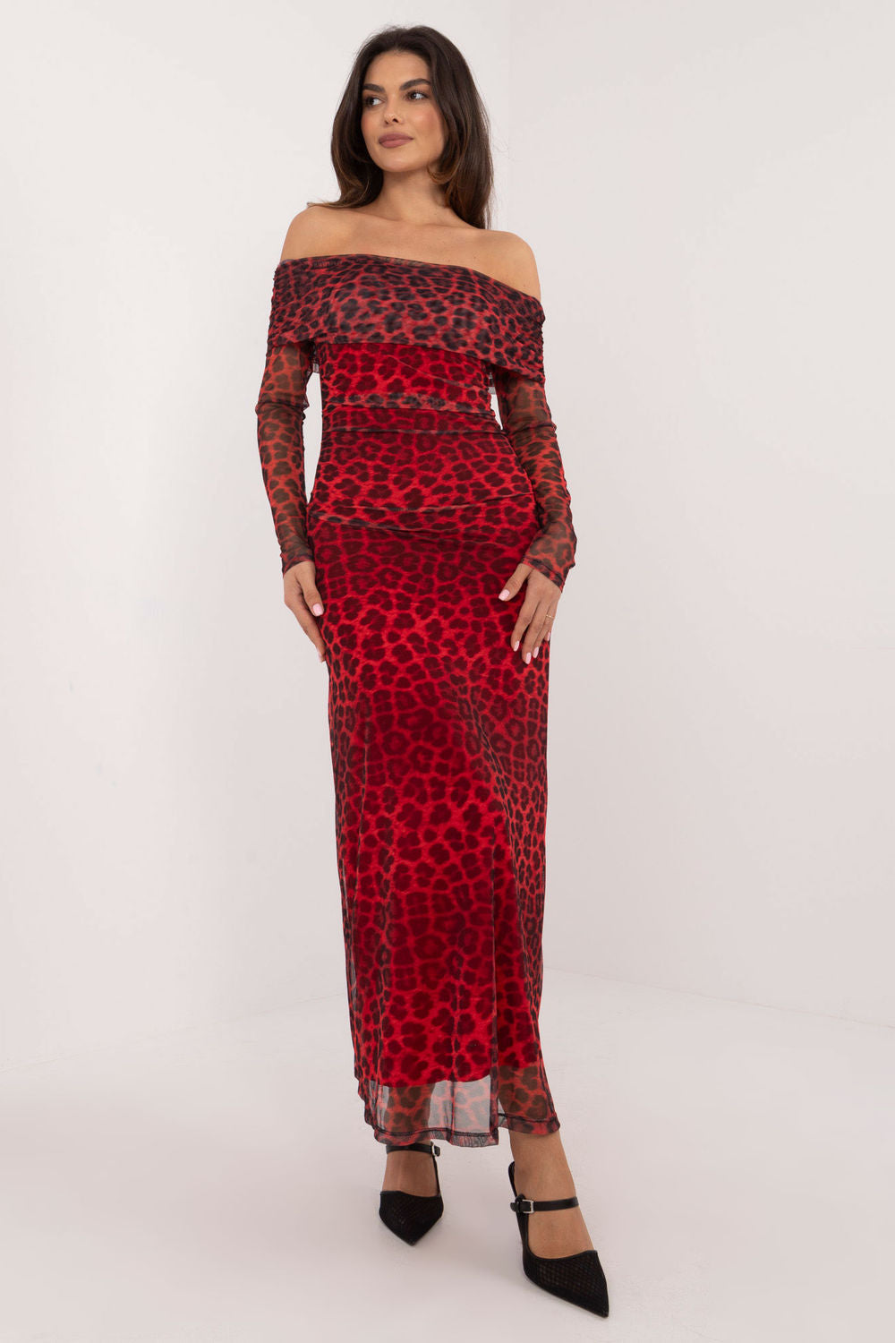 Italy Moda Red Midi Leopard Print Evening Dress