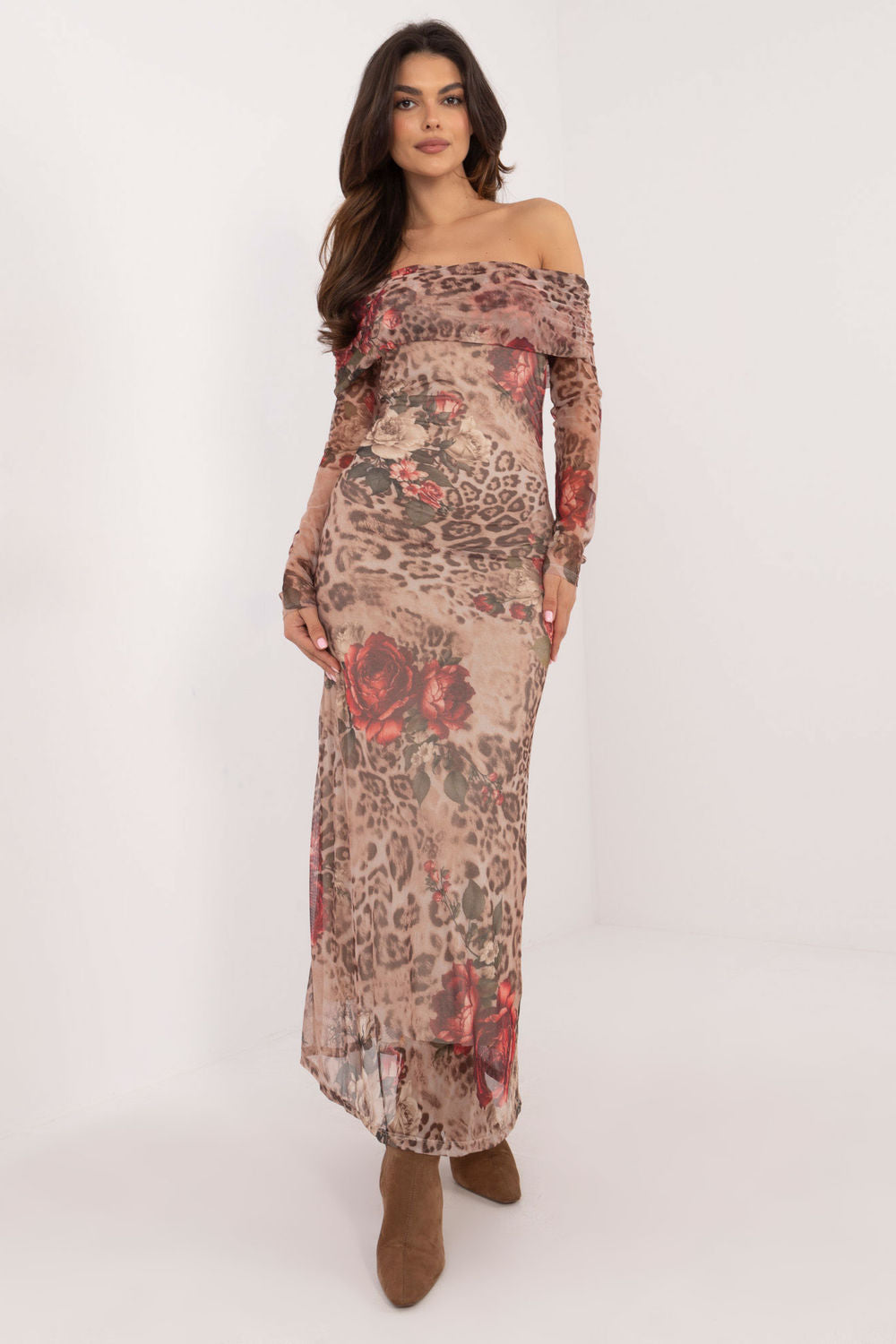 Italy Moda Beige Midi Off Shoulder Evening Dress