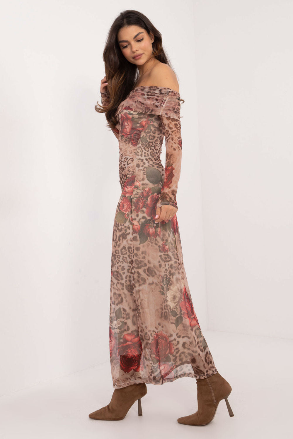 Italy Moda Beige Midi Off Shoulder Evening Dress - view 2