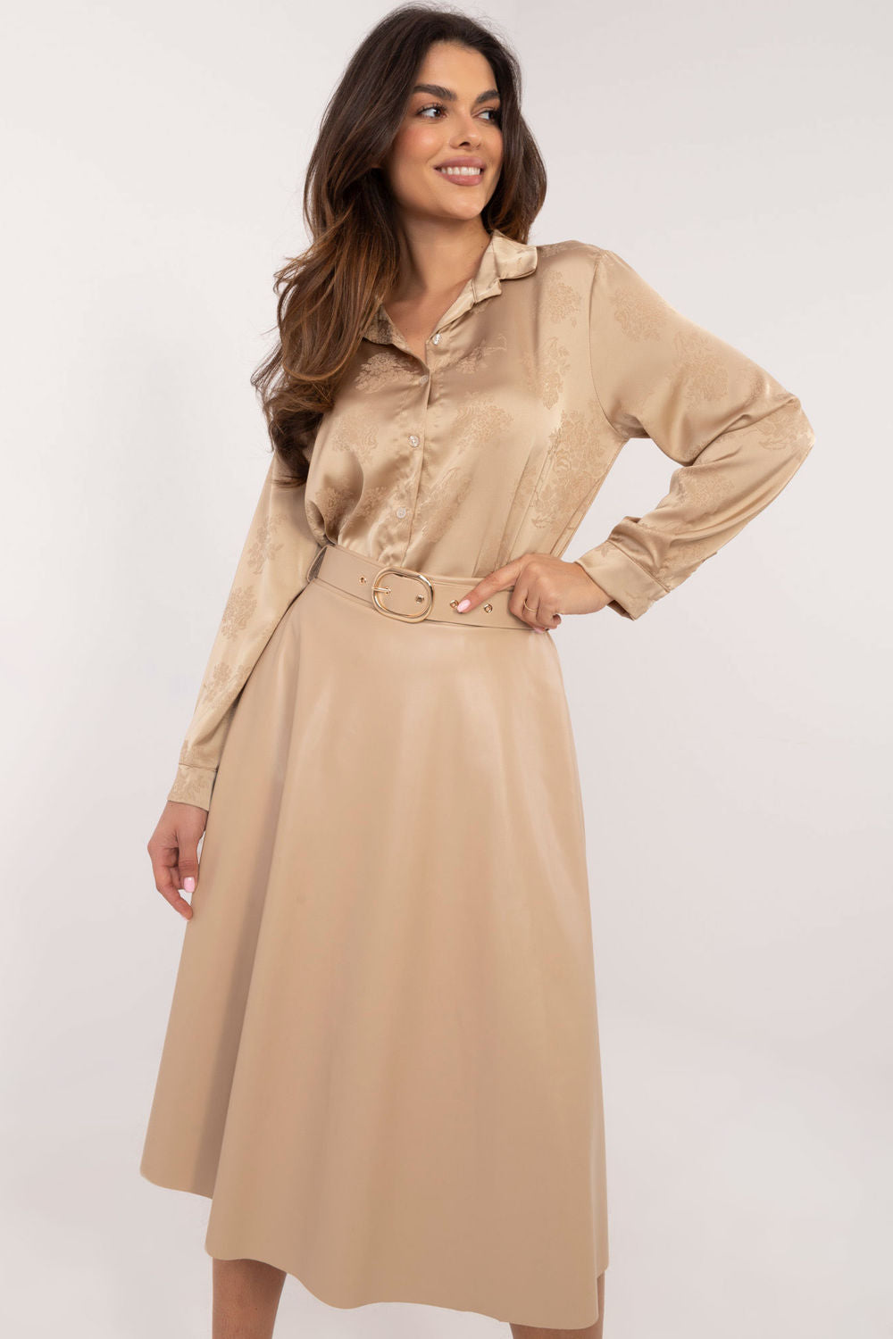 Italy Moda Beige Faux Leather Flared Skirt