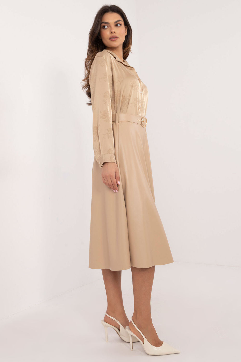Italy Moda Beige Faux Leather Flared Skirt - view 2
