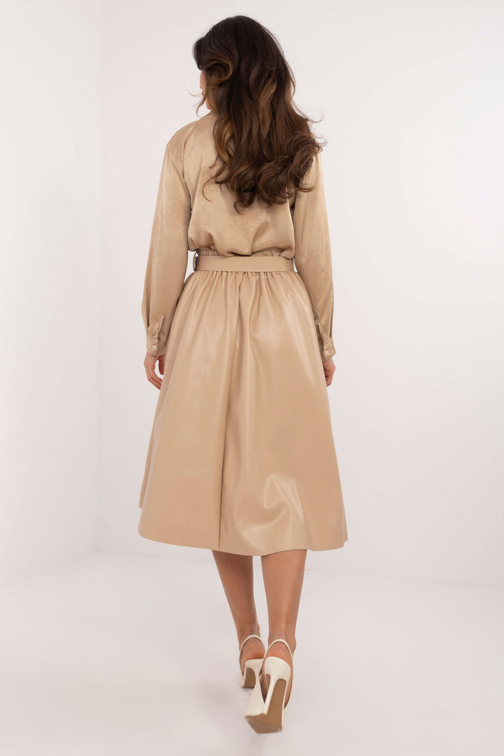 Italy Moda Beige Faux Leather Flared Skirt - view 3