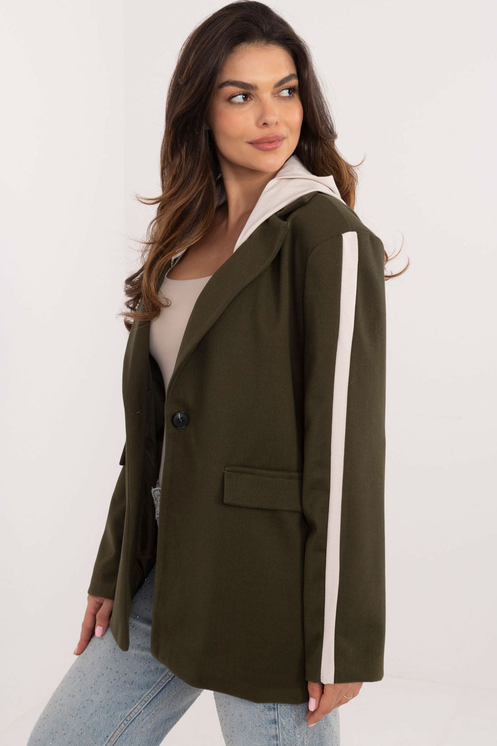 Italy Moda Khaki Striped Hooded Jacket - view 2