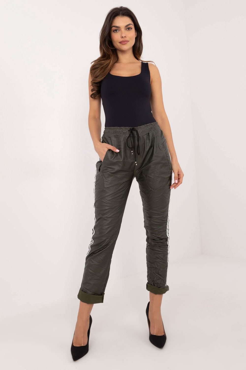 Italy Moda Khaki Faux Leather Trousers