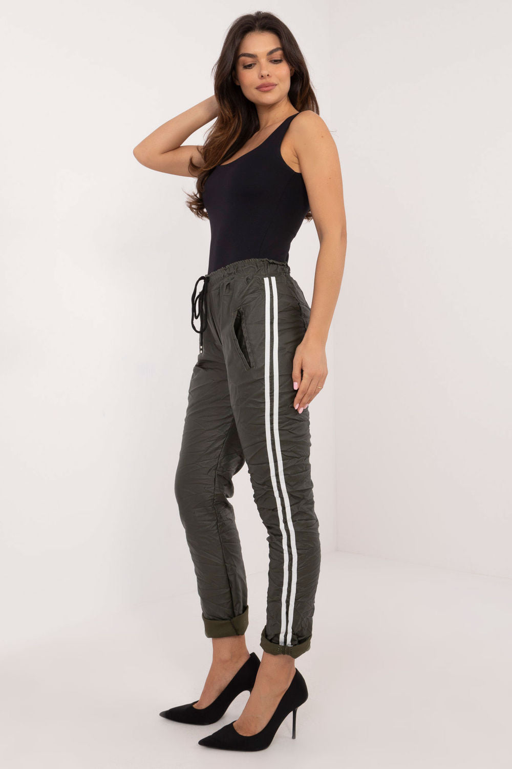 Italy Moda Khaki Faux Leather Trousers - view 2