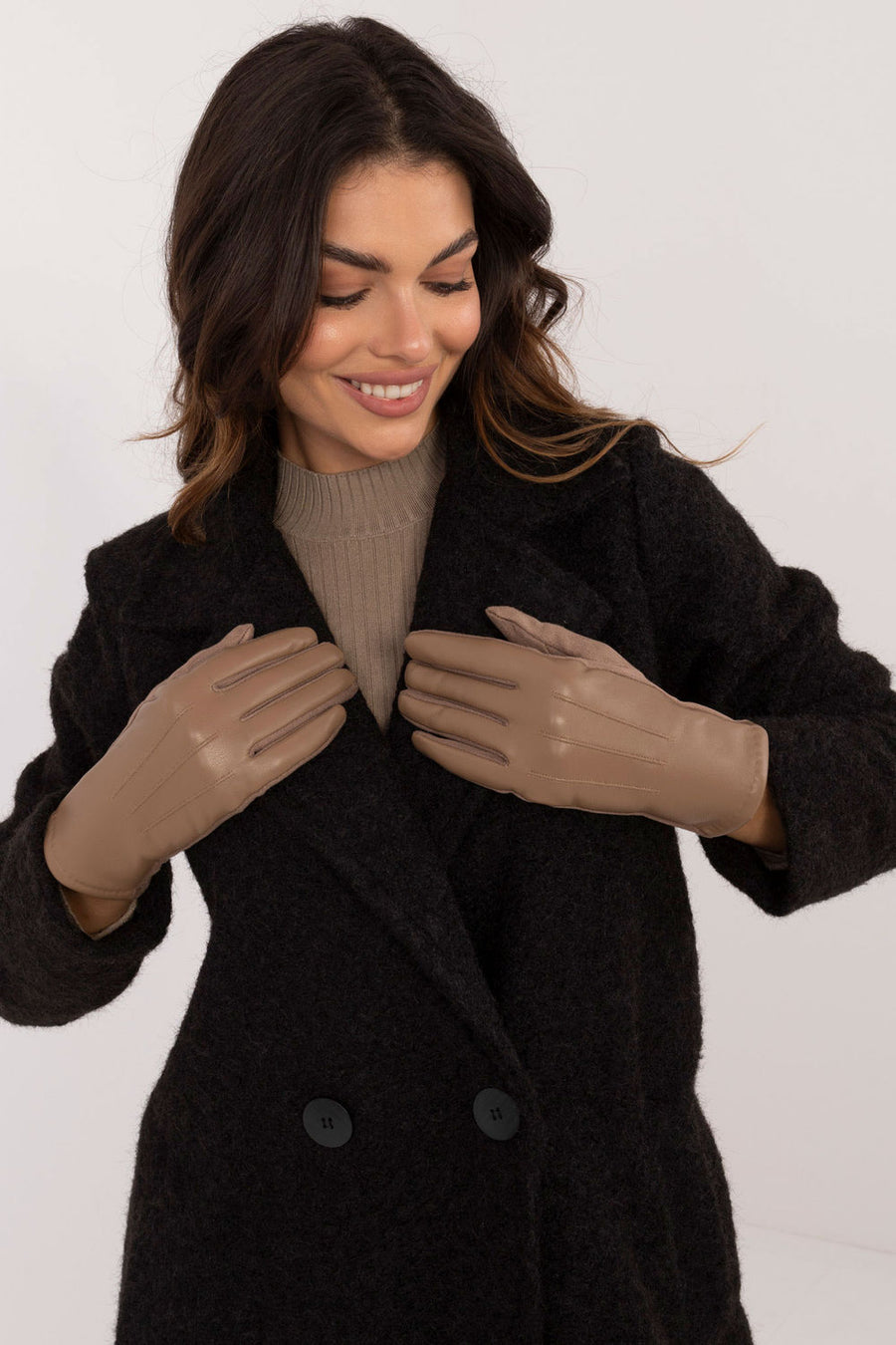 AT Dark Beige Faux Leather Gloves