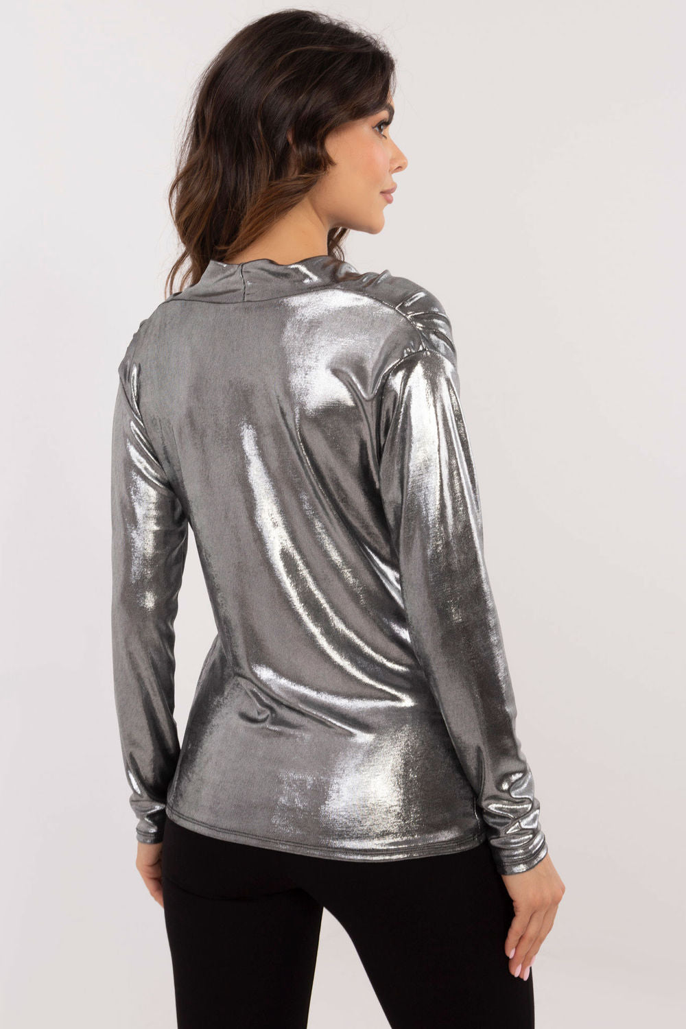Italy Moda Silver Pleated Long Sleeve Blouse - view 3