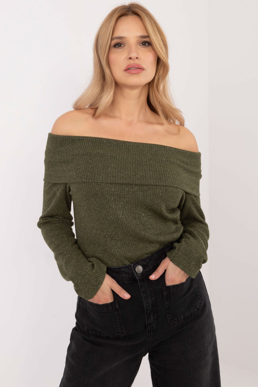 Italy Moda Khaki Off Shoulder Long Sleeve Jumper