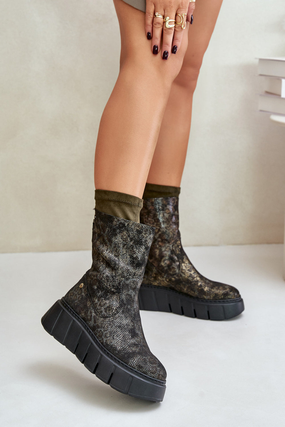 Step In Style Maciejka Khaki Leather Platform Boots