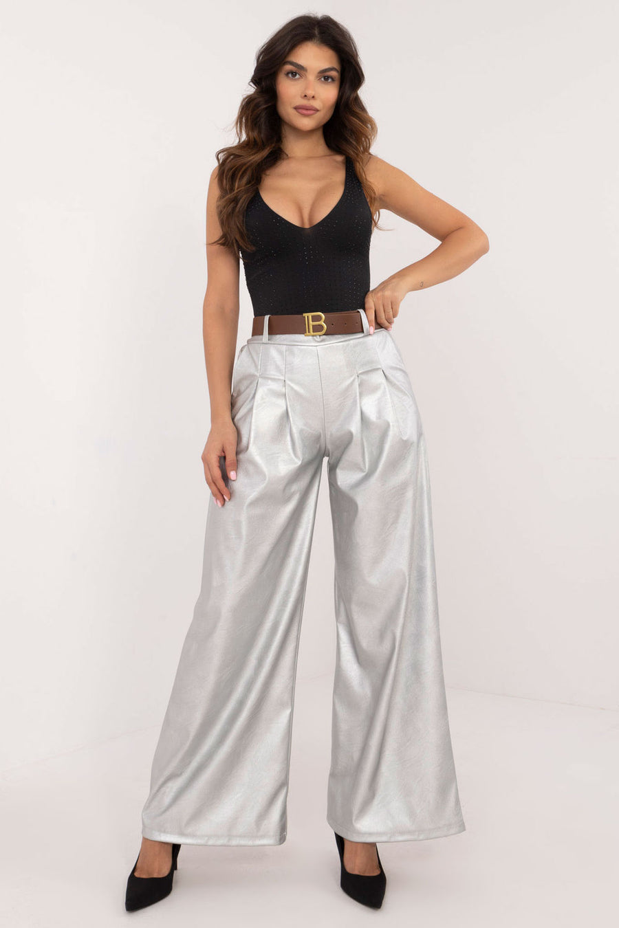 Italy Moda Silver Faux Leather Wide Leg Trousers