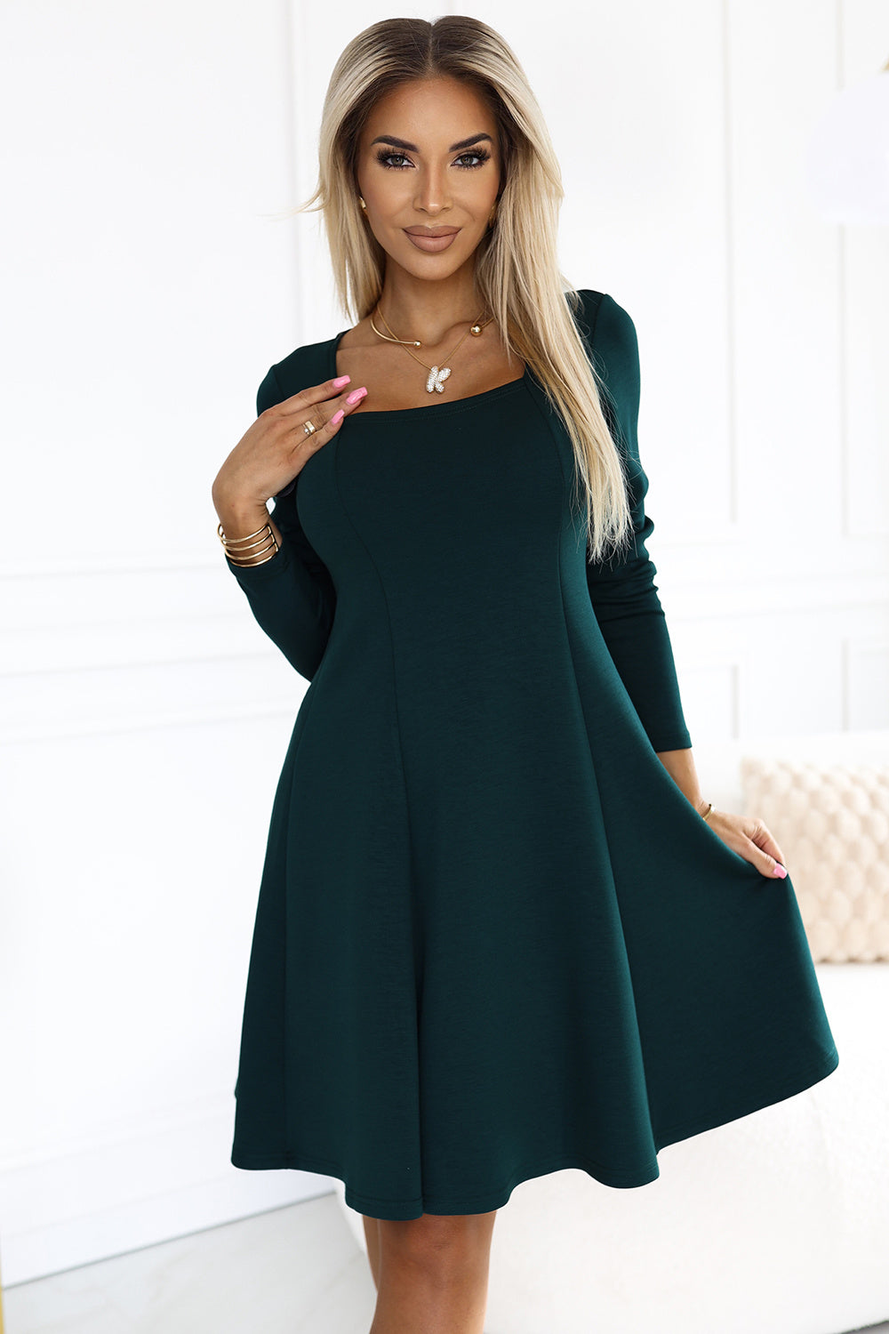 Numoco Ivana Bottle Green Long Sleeve Dress