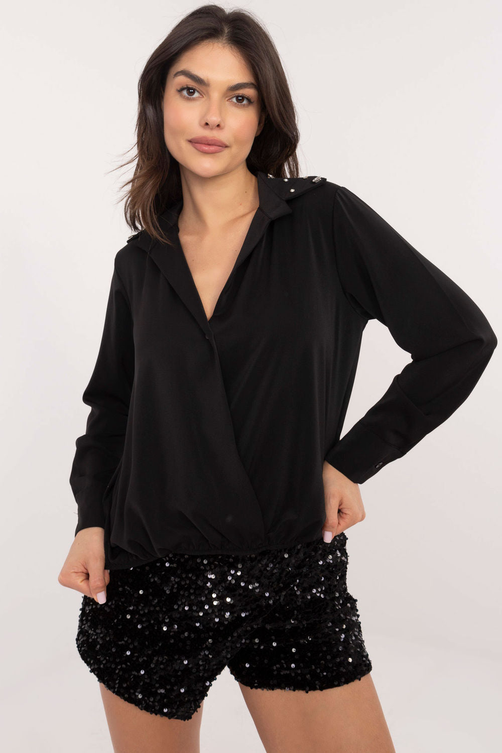 Italy Moda Black Polyester Long Sleeve Top