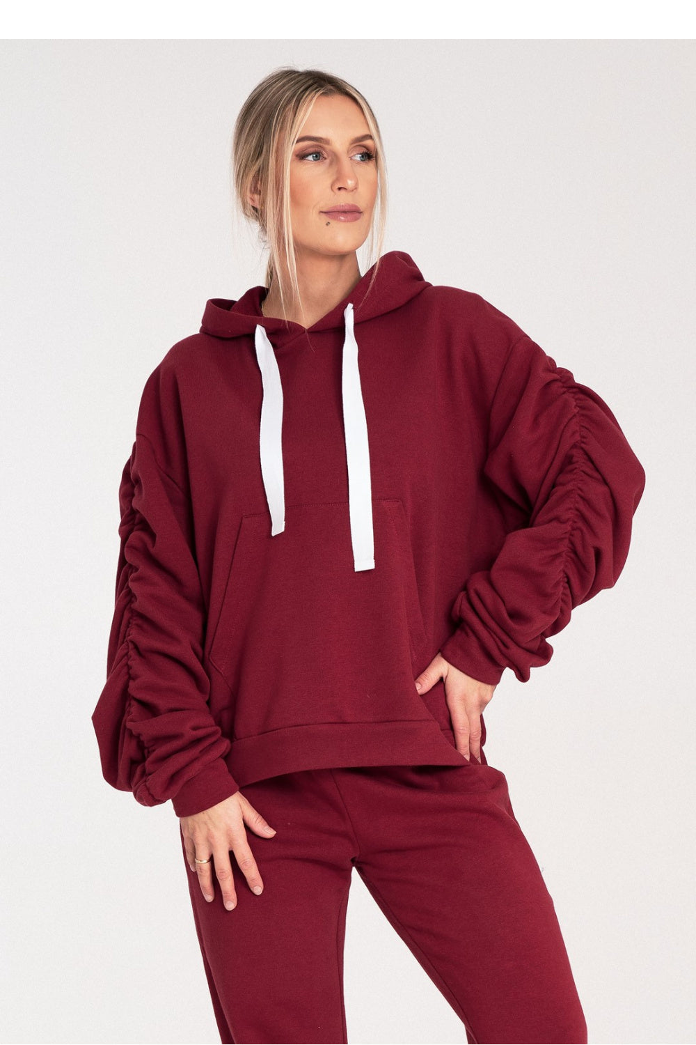 Figl Burgundy Pleated Hooded Sweatshirt