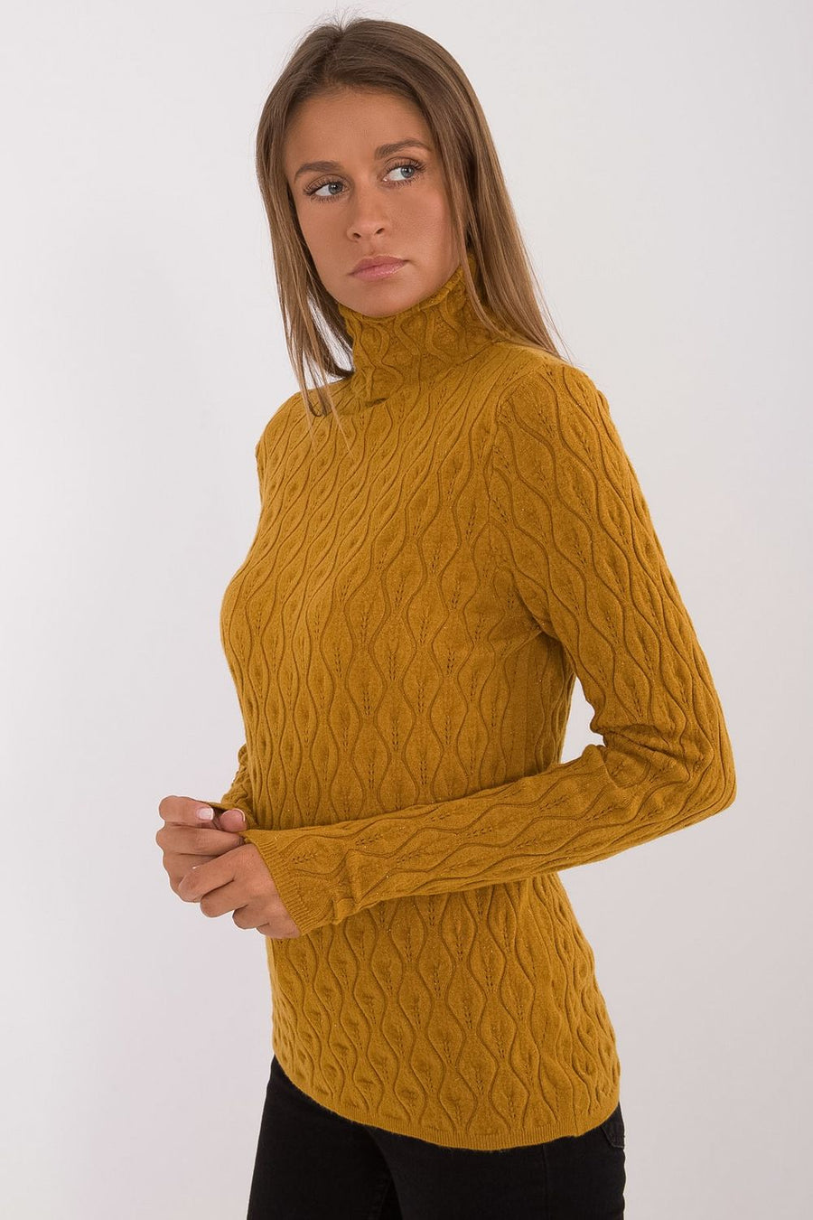 AT Dark Yellow Openwork Long Sleeve Roll Neck Jumper