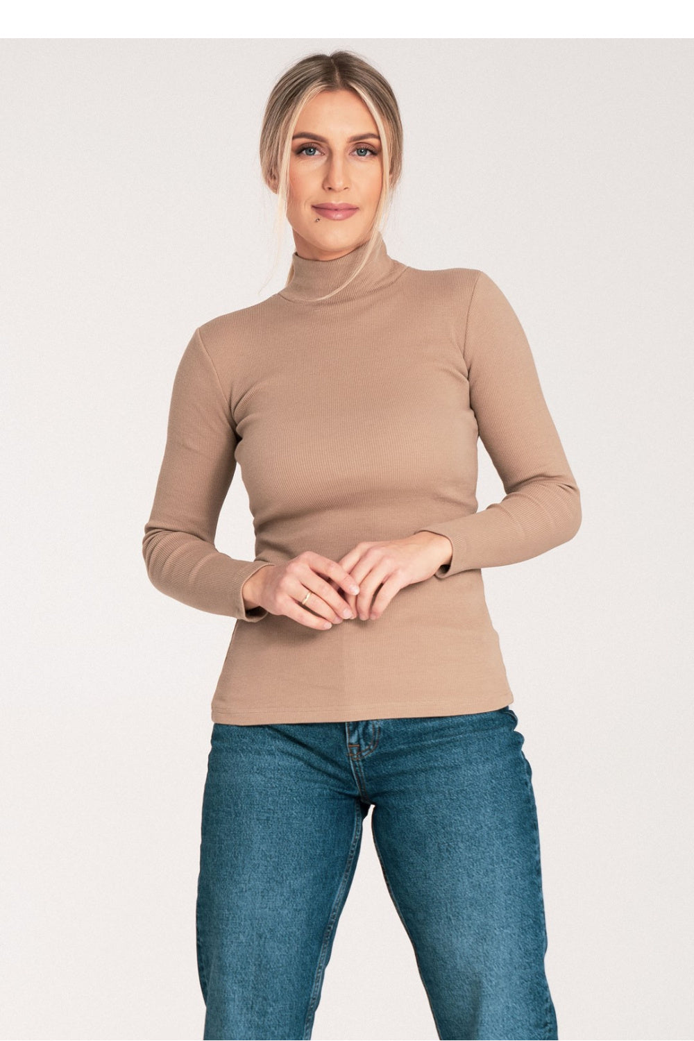 Figl Beige Long Sleeve Cotton Roll Neck Jumper