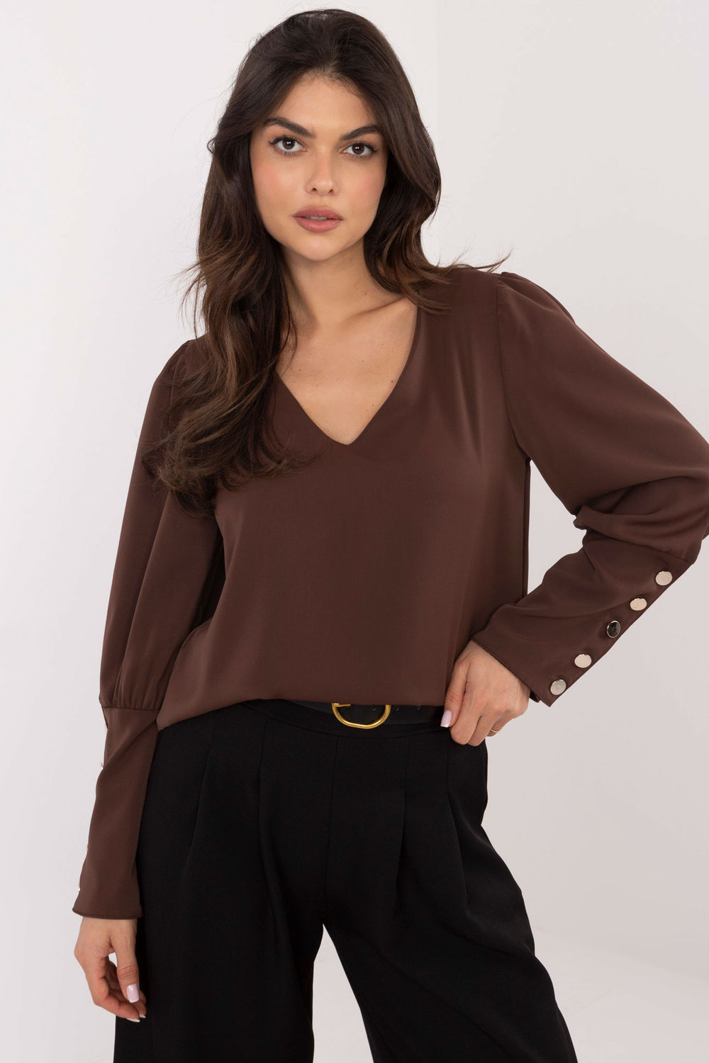 Italy Moda Dark Brown V-Neck Puff Sleeve Blouse
