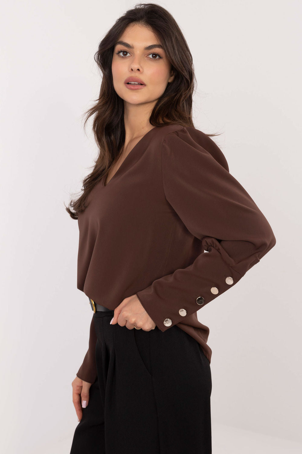 Italy Moda Dark Brown V-Neck Puff Sleeve Blouse - view 2
