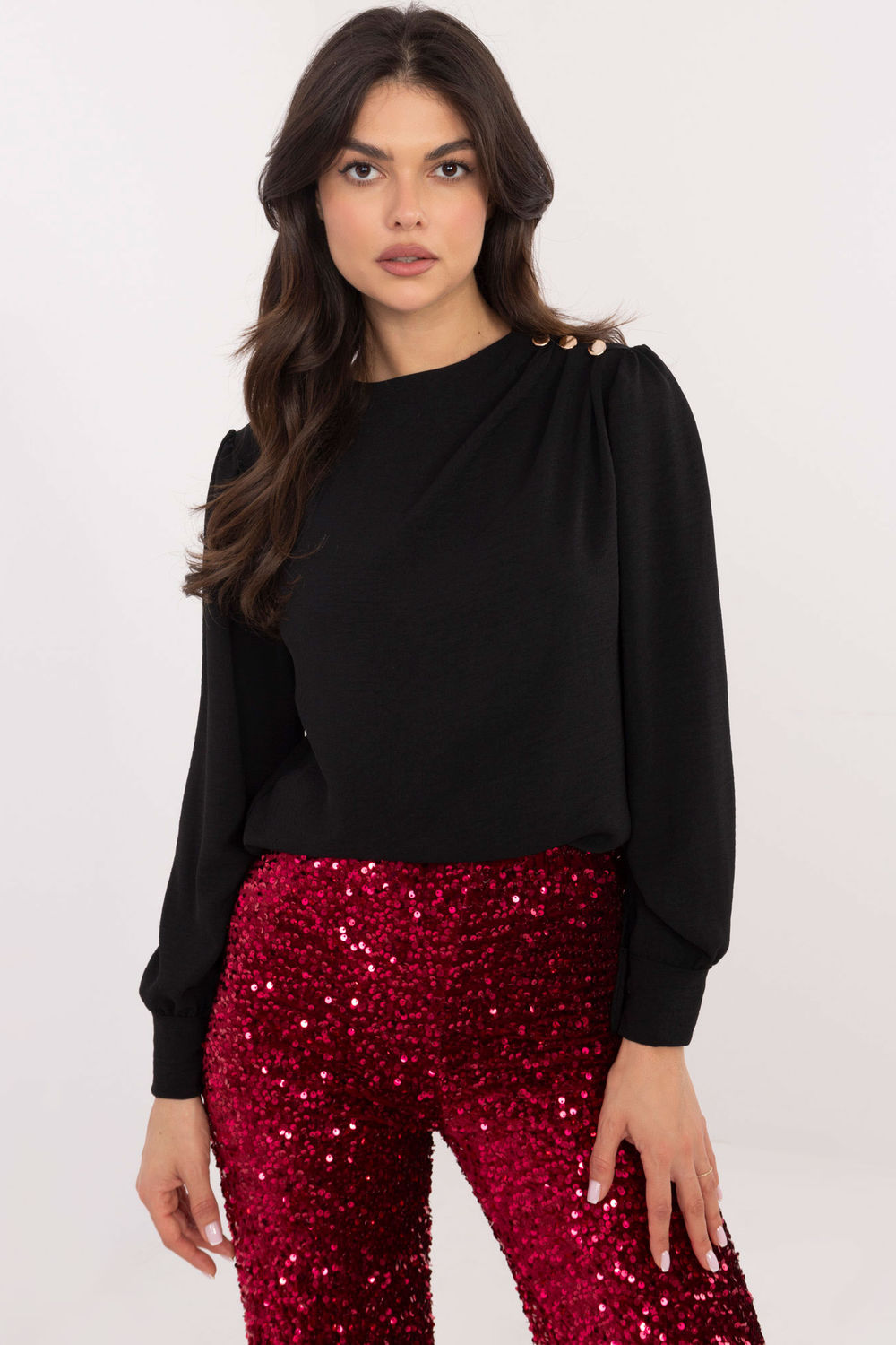 Italy Moda Black Pleated Puff Sleeve Blouse