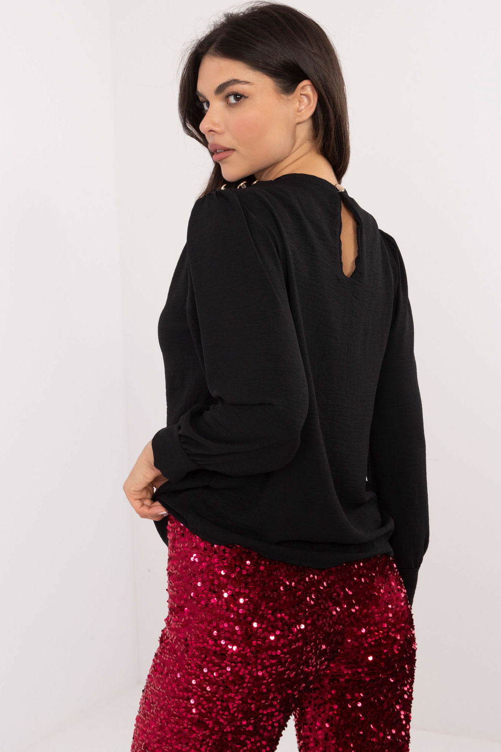 Italy Moda Black Pleated Puff Sleeve Blouse - view 3