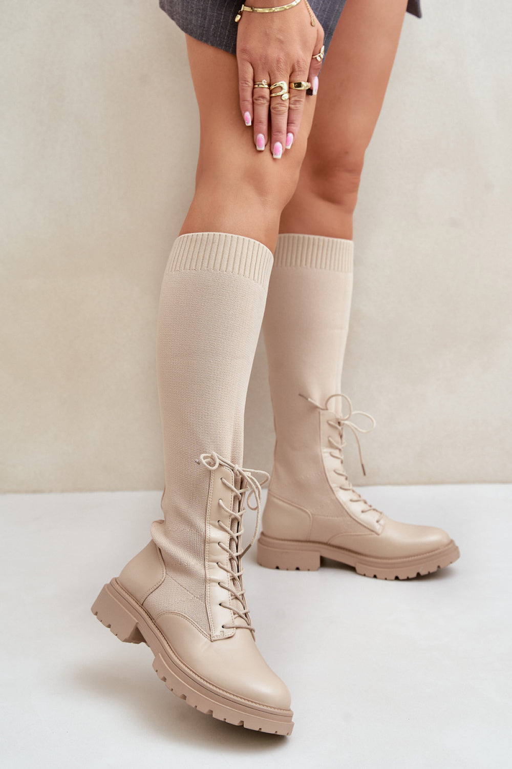Step In Style Iranel Beige Faux Leather Over The Knee Boots
