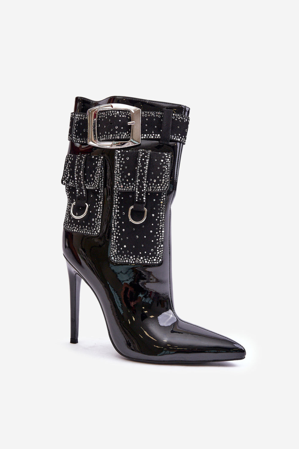 Step In Style Black Faux Leather Stiletto Heeled Ankle Boots with Belt - view 2
