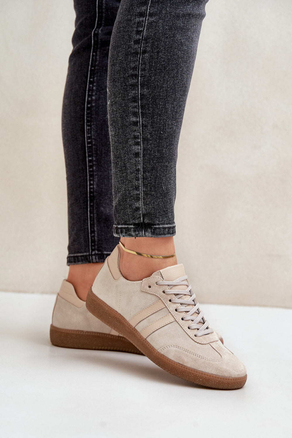 Step In Style Beige Leather Lace Up Trainers