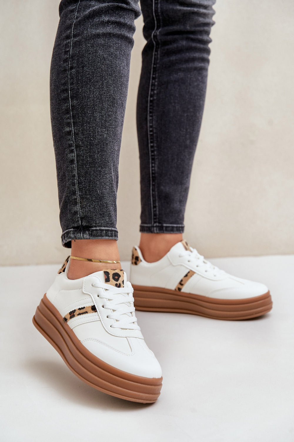 Step In Style Leopard Print Faux Leather Platform Trainers with Round Toe