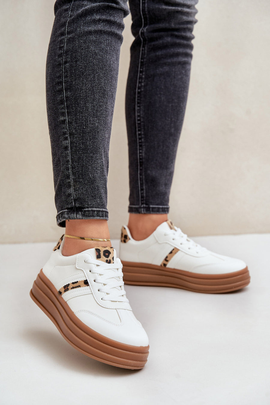 Step In Style Leopard Print Faux Leather Platform Trainers with Round Toe