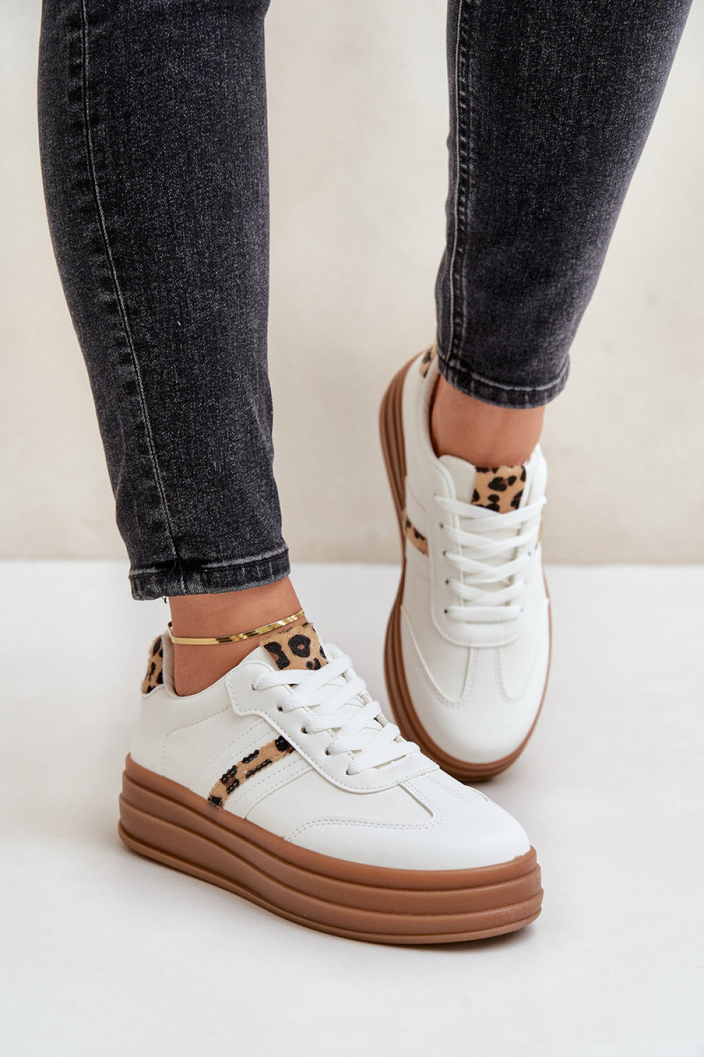 Step In Style Leopard Print Faux Leather Platform Trainers with Round Toe - view 3