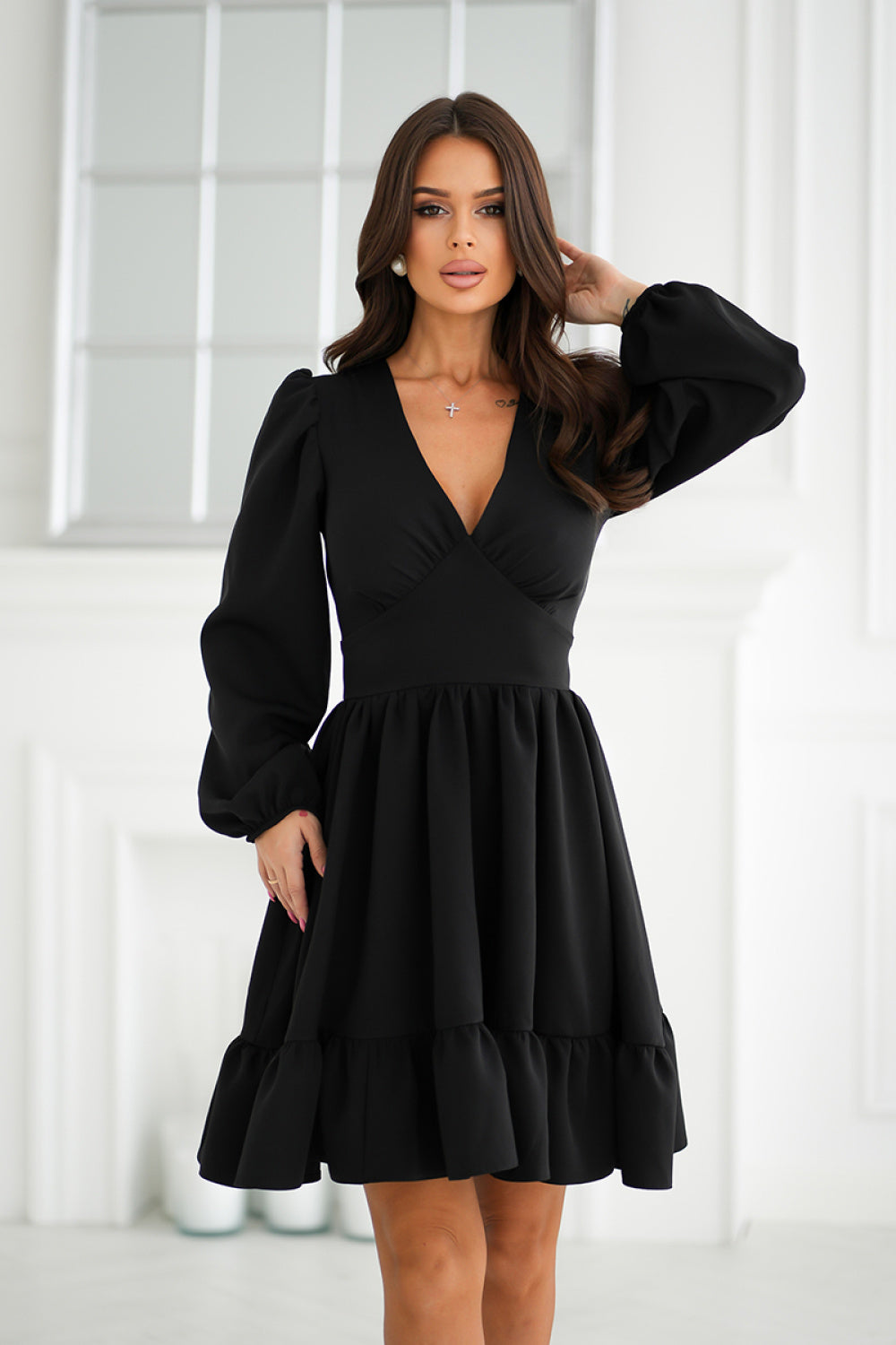 Bicotone Black Flared Long Sleeve Cocktail Dress