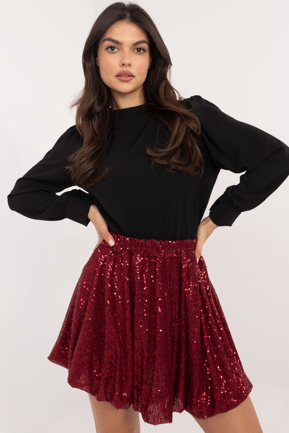 Italy Moda Burgundy Sequin Mini Skirt