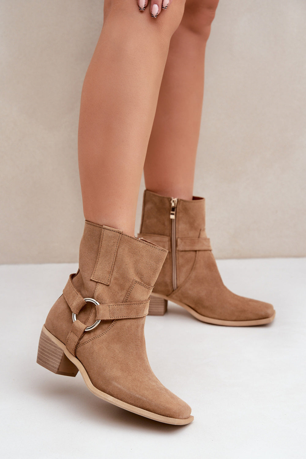 Step In Style Zazoo Beige Suede Stiletto Striped Heeled Ankle Boots