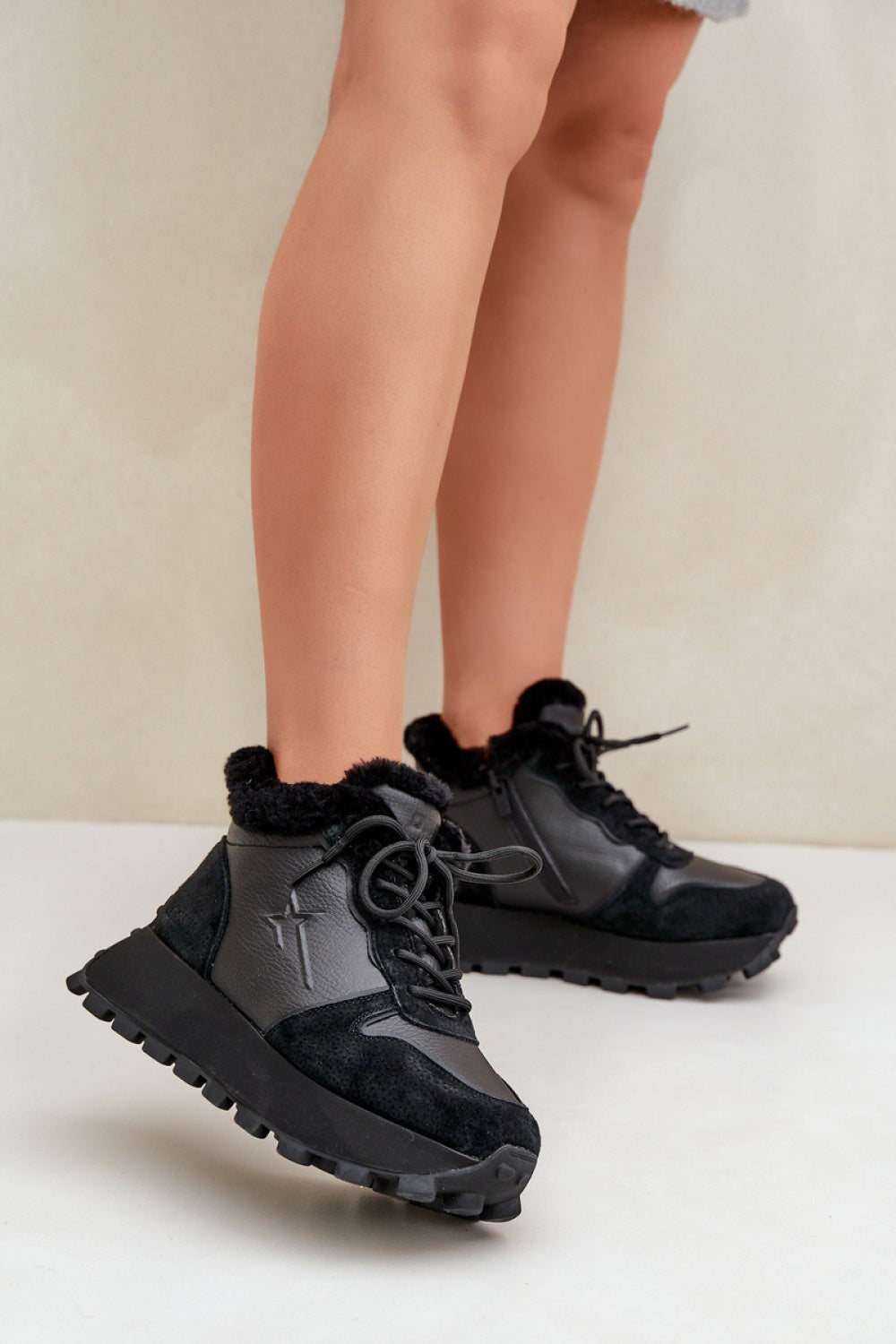 Step In Style Black Leather Platform Trainers with Zip - view 3