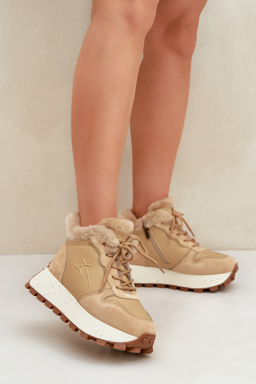 Step In Style Beige Leather Platform Lace Up Warm Lined Trainers