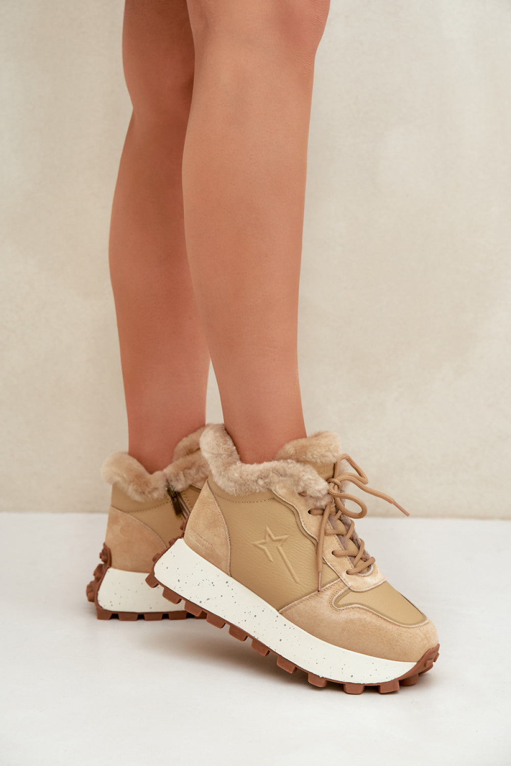 Step In Style Beige Leather Platform Lace Up Warm Lined Trainers - view 3