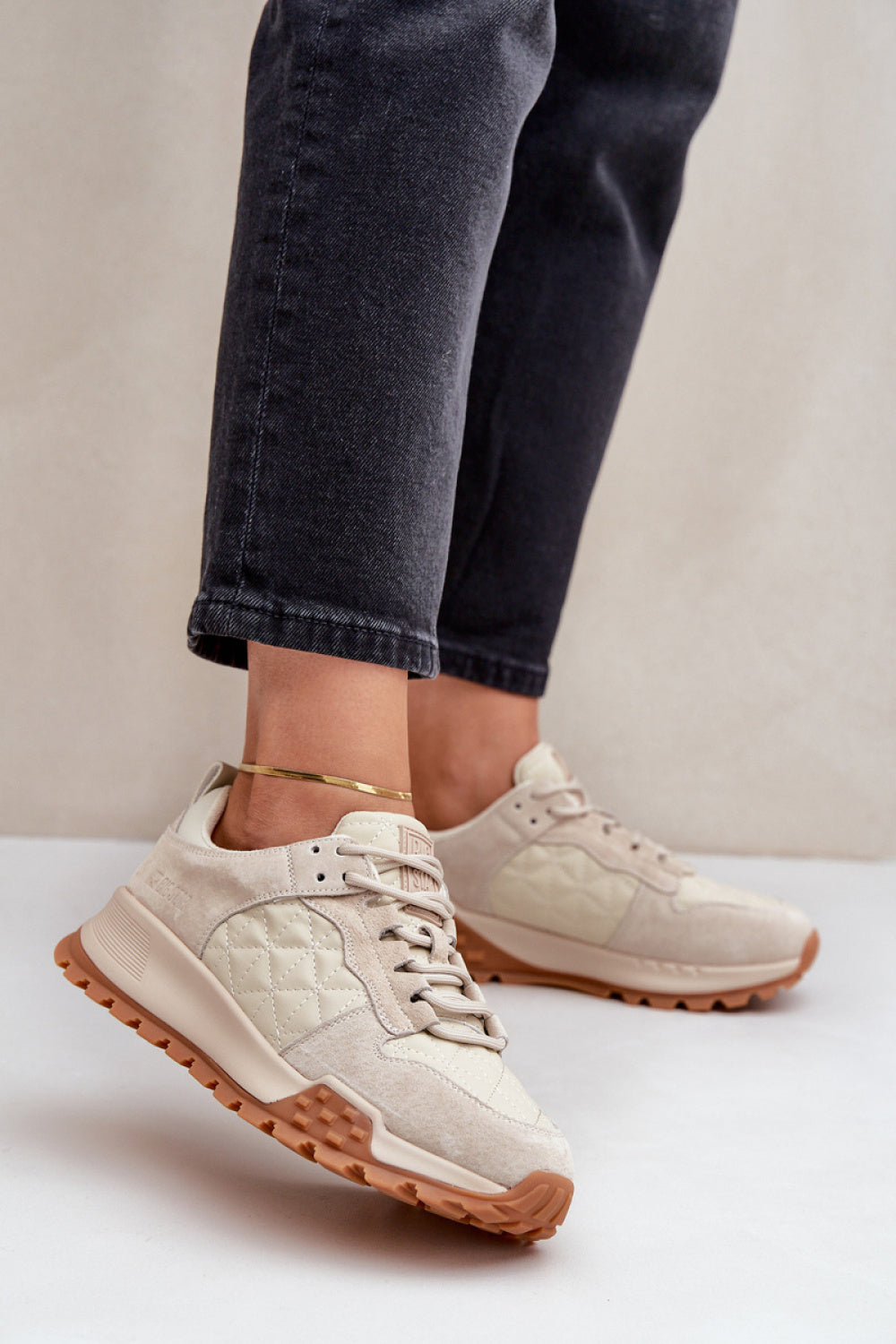 Step In Style Beige Leather Platform Trainers