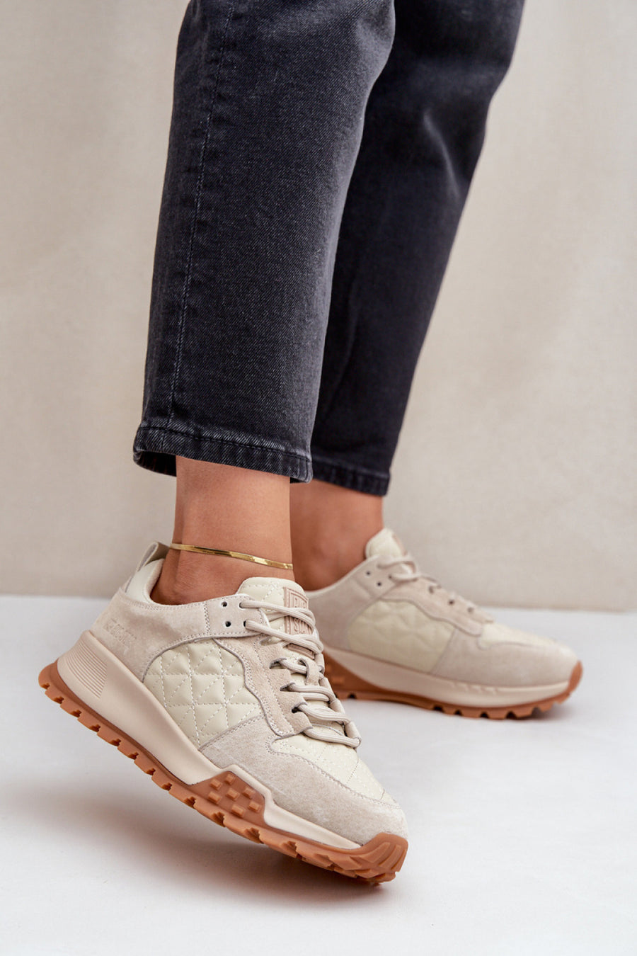 Step In Style Beige Leather Platform Trainers