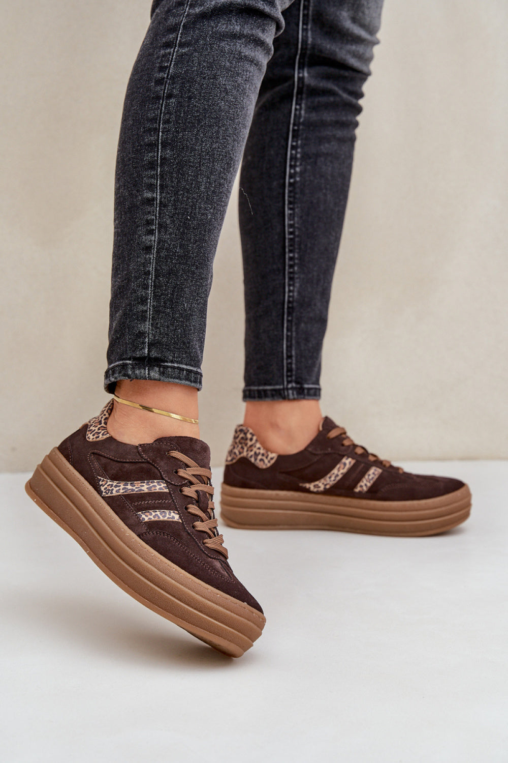 Step In Style Chocolate Suede Platform Trainers with Round Toe