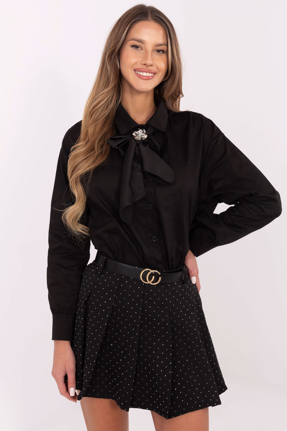 Italy Moda Black Button Front Cotton Long Sleeve Top
