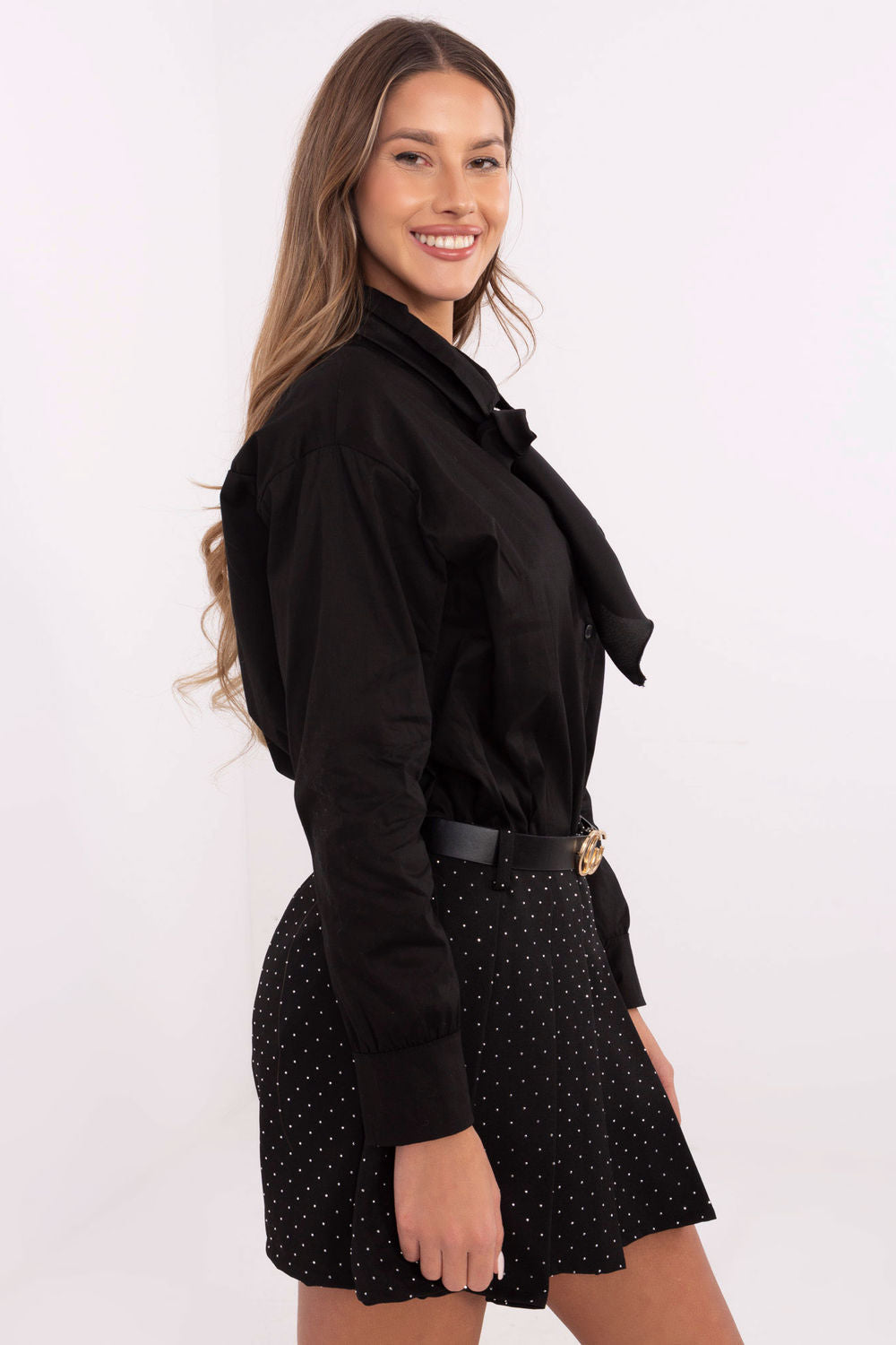 Italy Moda Black Button Front Cotton Long Sleeve Top - view 2