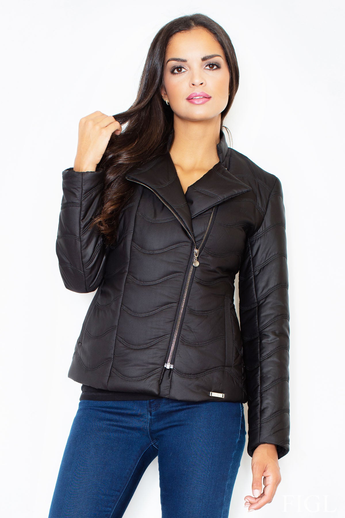 Figl Black Polyester Zip Up Jacket
